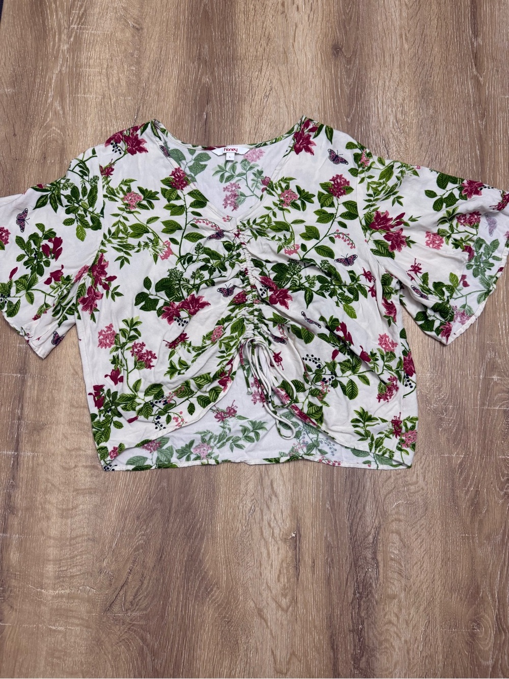 Floral Ruched Front Crop Top - White with Pink & Green